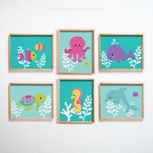Under The Sea Nursery Wall Art Set of 6 – Ocean Animal Prints for Girls, Sea Creatures Decor, Nautical Baby Room Art for Nursery