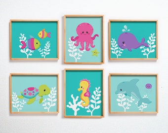 Under the Sea Nursery Wall Art Set of 6, Ocean Animal Prints for Baby Girl Room, Sea Creatures Decor, Mermaid Baby Shower Gift