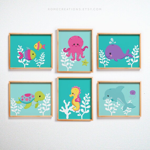 Sea Animals Nursery Wall Art Girl Ocean Animals Nursery Etsy