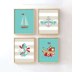 Nautical Nursery Wall Art – Set of 4 Ocean-Themed Prints for Boys, Sailboat & Anchor Baby Room Decor, Beach Nursery Gift for Baby Boy