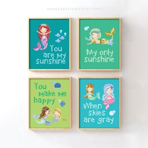 Mermaid Nursery Wall Art Set of 4, Under the Sea Prints with You Are My Sunshine Quote, Ocean Decor for Girls Room or Baby Girl Nursery