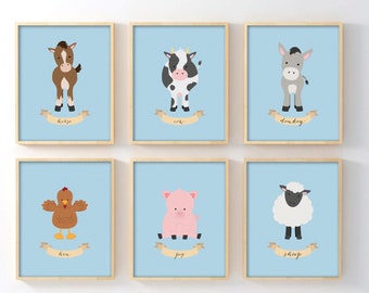 Farm Animal Nursery Wall Art Set of 6, Baby Farm Prints with Animal Names, Horse Cow Donkey Hen Pig Sheep, Gender Neutral Baby Shower Gift