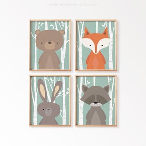 Woodland nursery wall art set of 4 birch tree forest animal prints bear fox bunny raccoon for baby boy room