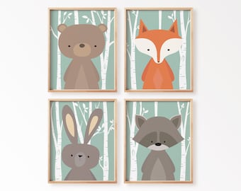 Woodland Nursery Wall Art Set of 4, Forest Animal Prints for Baby Room, Bear Fox Bunny Raccoon, Birch Tree Gender Neutral Baby Shower Gift