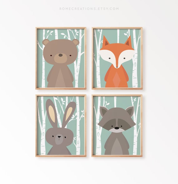 Woodland Animal Nursery Prints – Set of 4 Forest Wall Art for Boys Room, Rustic Woodland Baby Decor, Nature Nursery Wall Art