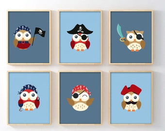 Owl Nursery Prints, Pirate Decor, Set of 6 Nursery Wall Art, Baby Room Decor, Owl Nursery Art, Boys Bedroom Decor, Kids Pirate Prints