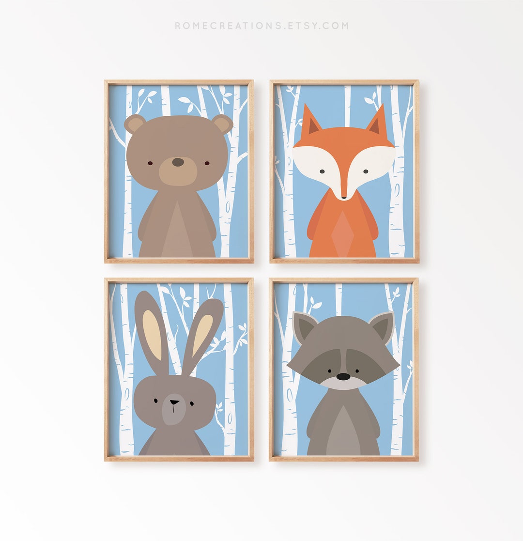 Woodland Nursery Wall Art Set of 4, Gender Neutral Forest Animal Prints ...