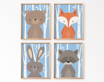 Woodland Nursery Wall Art Set of 4, Gender Neutral Forest Animal Prints for Baby Room, Nature Nursery Decor, Unisex Baby Shower Gift