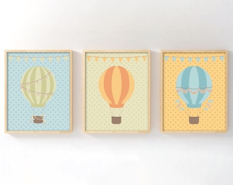 Hot Air Balloon Nursery Wall Art Set of 3, Gender Neutral Baby Room Decor, Travel Adventure Nursery Prints, Baby Shower Gift