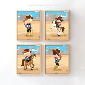 Cowboy Nursery Wall Art Set of 4, Western Boys Room Decor, Rodeo Kids Print Set, Rustic Cowboy Themed Nursery Wall Prints