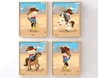 Cowboy Nursery Wall Art Set of 4, Western Boys Room Decor with Rodeo Ponies, Rustic Nursery Prints, Cowboy Baby Shower Gift
