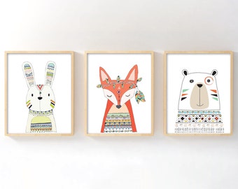 Boho Woodland Nursery Wall Art Set of 3, Tribal Fox Bunny Bear Prints for Baby Girl Room, Forest Animal Bohemian Nursery Decor