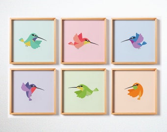 Hummingbird Nursery Wall Art Set of 6, Colorful Bird Prints for Baby Room, Gender Neutral Kids Decor, Nature Baby Shower Gift