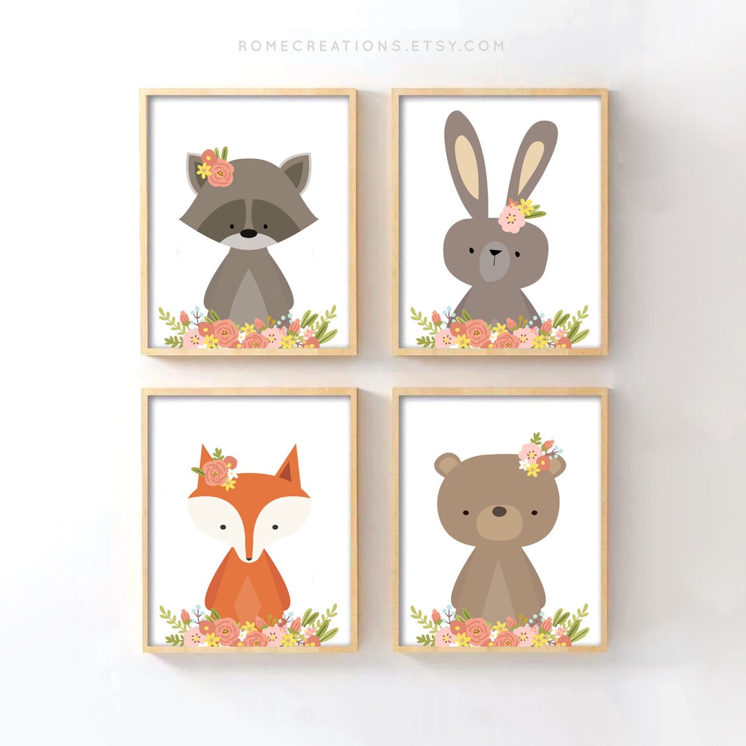 Woodland Nursery Art for Girls, Floral Forest Animal Wall Art Set of 4 ...