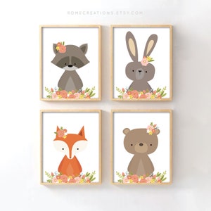 Woodland Nursery Art for Girls, Floral Forest Animal Wall Art Set of 4, Boho Baby Girl Nursery Decor, Woodland Nursery Prints