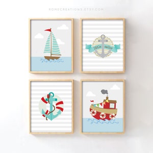 Nautical Nursery Wall Art – Set of 4 Ocean-Themed Prints for Boys Room, Little Sailor Baby Decor, Maritime Nursery Wall Prints