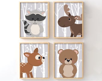 Woodland Nursery Wall Art Set of 4, Birch Tree Forest Animal Prints for Baby Room, Raccoon Moose Deer Bear, Rustic Nursery Baby Shower Gift