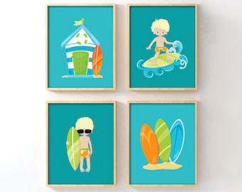 Surf Nursery Wall Art Set of 4, Beach Baby Boy Room Decor with Surfer Boy, Coastal Nursery Prints, Surf Baby Shower Gift