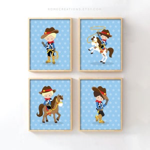Cowboy Nursery Wall Art Set of 4 – Western Baby Boy Room Decor with Horses & Little Cowboys, Rustic Wild West Prints