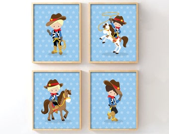 Juego de 4 láminas decorativas para la habitación del bebé con temática vaquera, láminas con caballos para la habitación del niño, decoración rústica del salvaje oeste, regalo para baby shower vaquero.