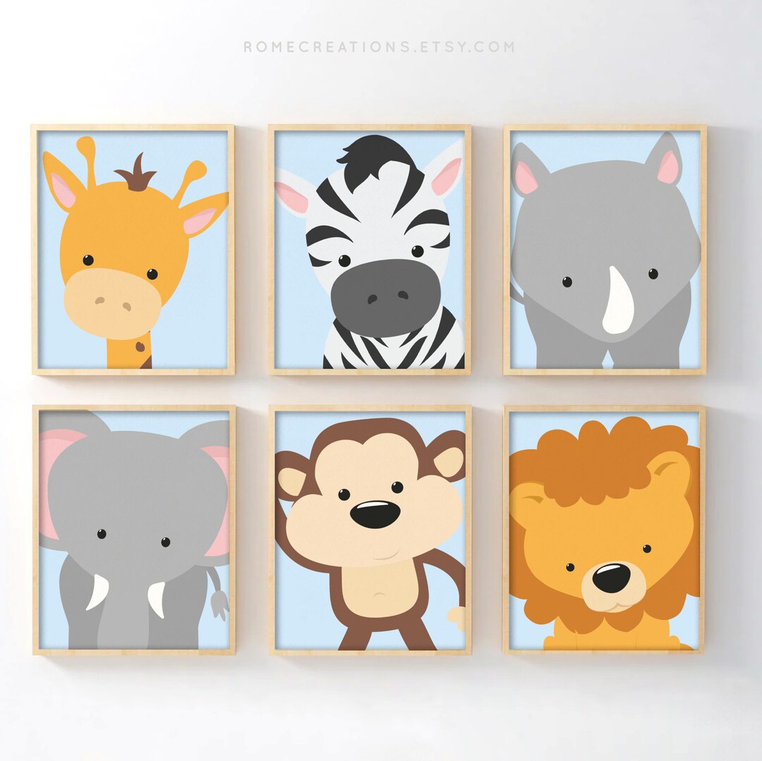 Safari Nursery Wall Art Set of 6, Jungle Animal Prints for Baby Room ...