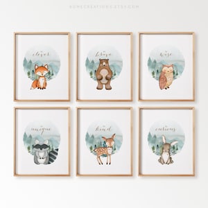 Set of 6 Woodland Animal Nursery Prints, Forest Theme Baby Wall Art, Neutral Nursery Decor for Boys or Girls, Be Brave & Kind Quotes