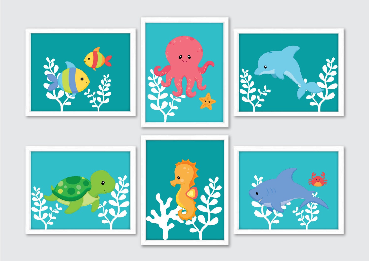 Sea Life Nursery Art Set Of 6 Prints Sea Creature Decor Etsy