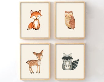 Woodland Nursery Wall Art Set of 4, Watercolor Forest Animal Prints, Fox Owl Deer Raccoon, Gender Neutral Rustic Nursery Baby Shower Gift
