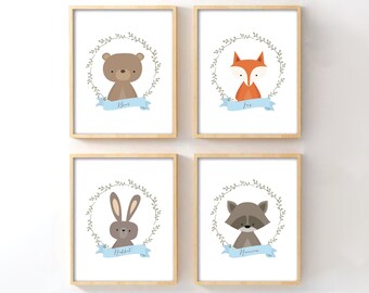 Woodland Nursery Wall Art Set of 4, Forest Animal Prints for Baby Boy Room, Bear Fox Bunny Raccoon, Rustic Nursery Baby Shower Gift