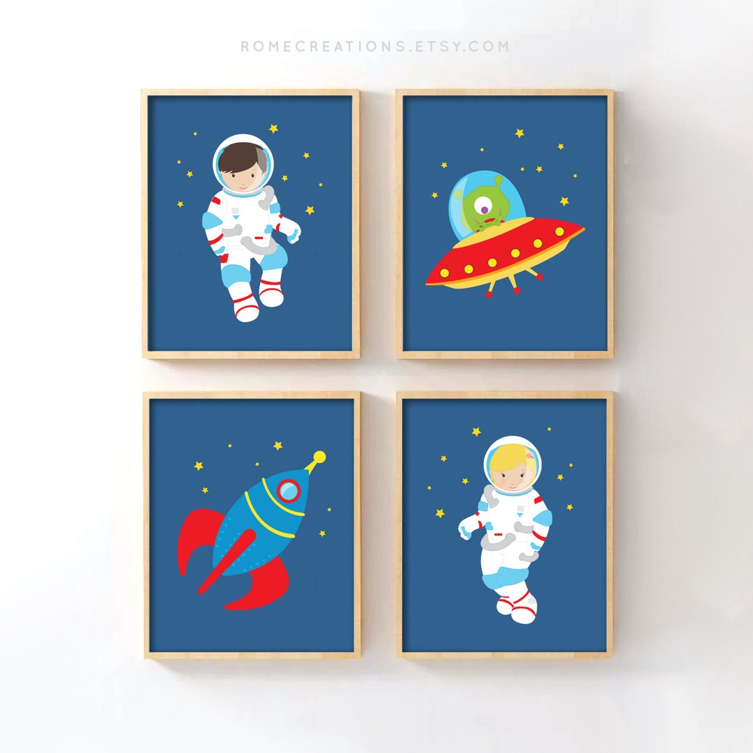 Space Nursery Wall Art Set of 4, Astronaut Rocket Prints for Baby Boy ...
