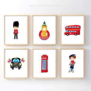 London Nursery Wall Art Set of 6 – Boys Travel Room Decor with UK Icons, British Red Bus, Big Ben, Phone Booth, and Guard Prints