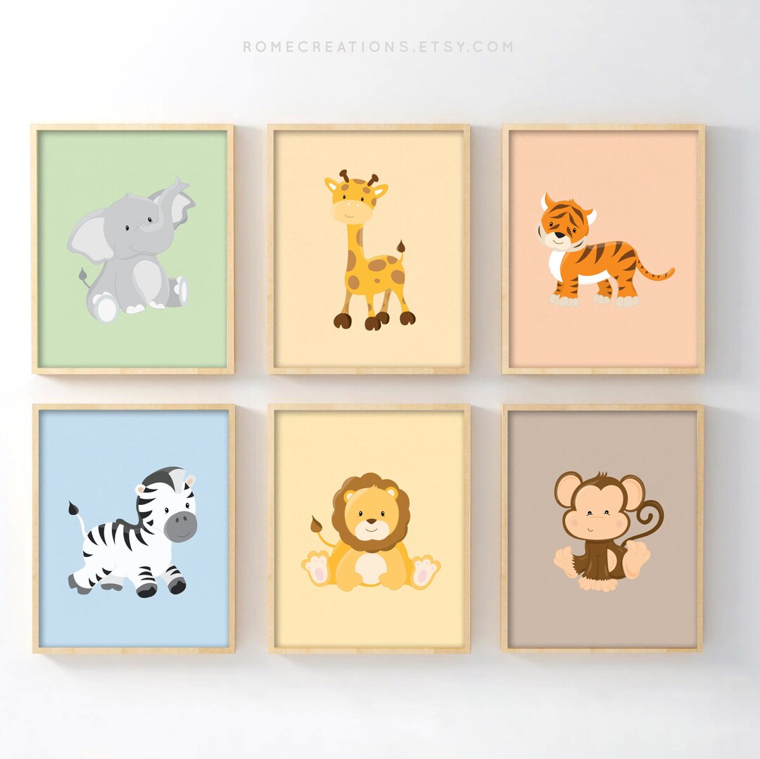 Safari Animal Nursery Wall Art – Set of 6 Jungle Prints, Gender Neutral ...