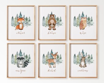 Woodland Animal Nursery Wall Art Set van 6, genderneutraal bos kinderdagverblijf decor met inspirerende citaten, rustieke babyshower cadeau