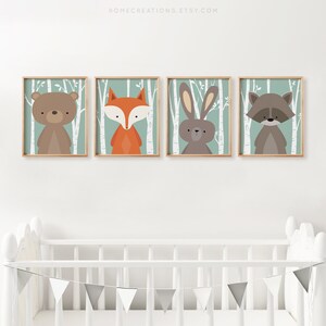 Birch trees woodland nursery prints set of 4 bear fox bunny raccoon for baby boy room decor
