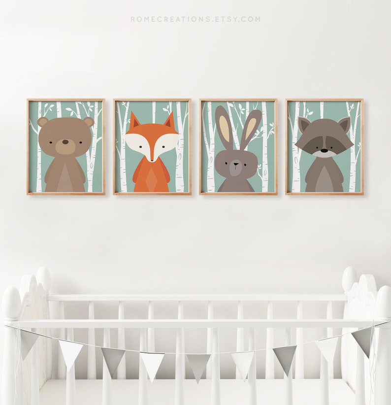 Birch trees woodland nursery prints set of 4 bear fox bunny raccoon for baby boy room decor