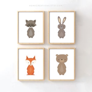 Woodland Nursery Art Set of 4 – Gender Neutral Forest Animal Prints for Baby Room Decor, Bear Fox Bunny Raccoon Wall Art Gift