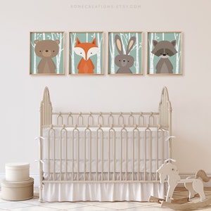 Woodland nursery art set of 4 forest animal prints in earthy tones for gender neutral nursery