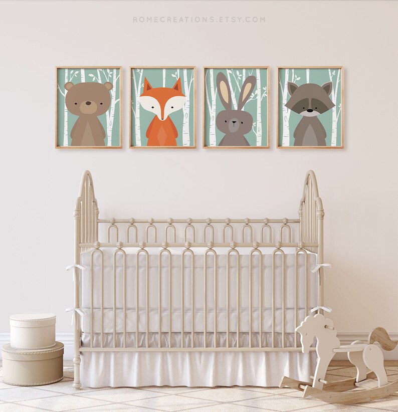 Woodland nursery art set of 4 forest animal prints in earthy tones for gender neutral nursery