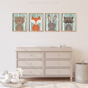 Fox nursery print with birch tree background from woodland set of 4