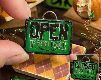 REVERSIBLE Miniature Halloween Open & Closed Wooden Sign – Handmade Adult Collectors Dollhouse / Diorama Accessory.