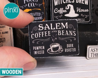 Miniature Halloween Salem Coffee Shop Wooden Sign - Handmade for adult collectors only.