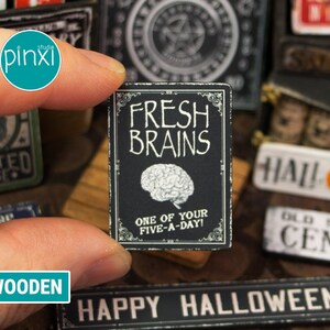 Miniature Halloween Zombie Brains Sign — Handmade sign for adult collectors only. Not a toy; not for play or children’s dollhouse.