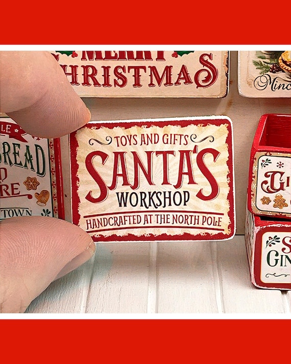 Miniature Santa's Workshop Wooden Sign - Handmade for adult collectors only.