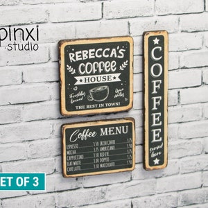 May include: Set of three black and white chalkboard signs with a coffee theme. The first sign says "Rebecca's Coffee House" with a coffee cup illustration and the text "The Best in Town!" The second sign says "Coffee Menu" with a list of coffee drinks and prices. The third sign says "Coffee" with the text "Served Here" at the bottom.