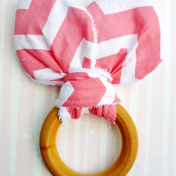 SALE!!! Bunny Ear Teething Ring For Baby/Fabric and Wooden Teething Ring with Crinkle Material Inside/Sensory Toy