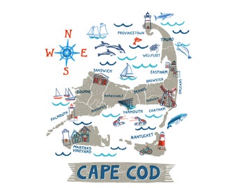 Cape Cod Wall Art-Color Beach Illustration-Custom City Print