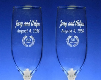 60th  Anniversary Champagne Toasting Flutes - Sixtieth, Engraved, Personalized, Wedding - 8 oz - wine glass -