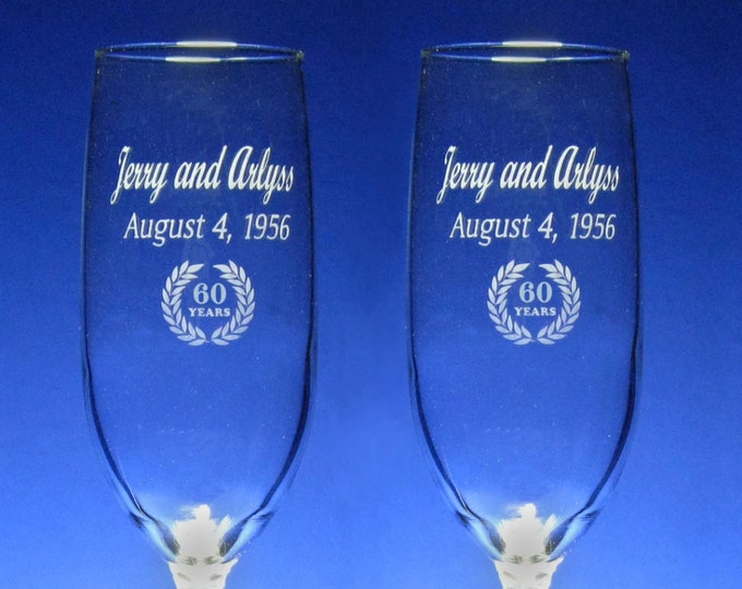 60th  Anniversary Champagne Toasting Flutes - Sixtieth, Engraved, Personalized, Wedding - 8 oz - wine glass -