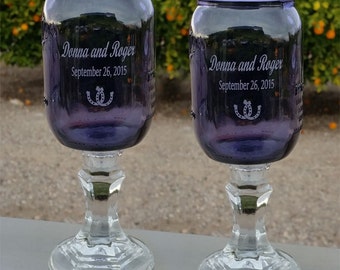 NokNoks Purple Redneck  Wine Glasses  - Horseshoe, Engraved,  Personalized, 2 - 16 OZ - Wedding - Anniversary , Mason Jar