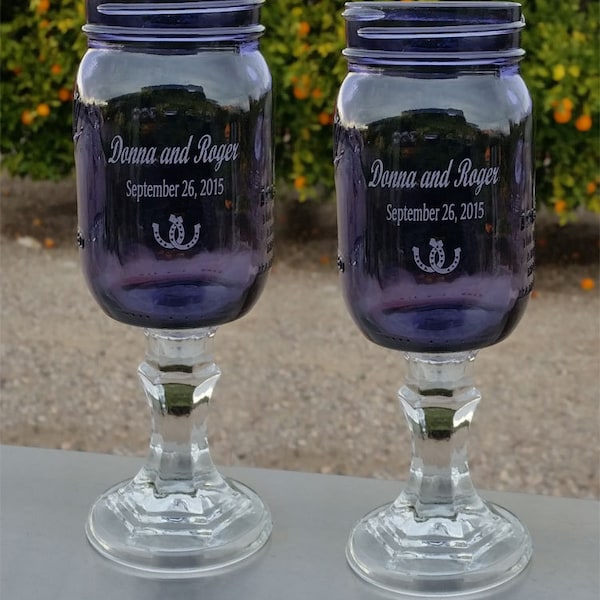 NokNoks Purple Redneck  Wine Glasses  - Horseshoe, Engraved,  Personalized, 2 - 16 OZ - Wedding - Anniversary , Mason Jar